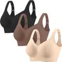 PoseFree Womens Seamless Wireless Supportive Bra Push Up Comfort Soft No Underwire Full Coverage T-Shirt Bra (Medium, Nude+black+coffee)