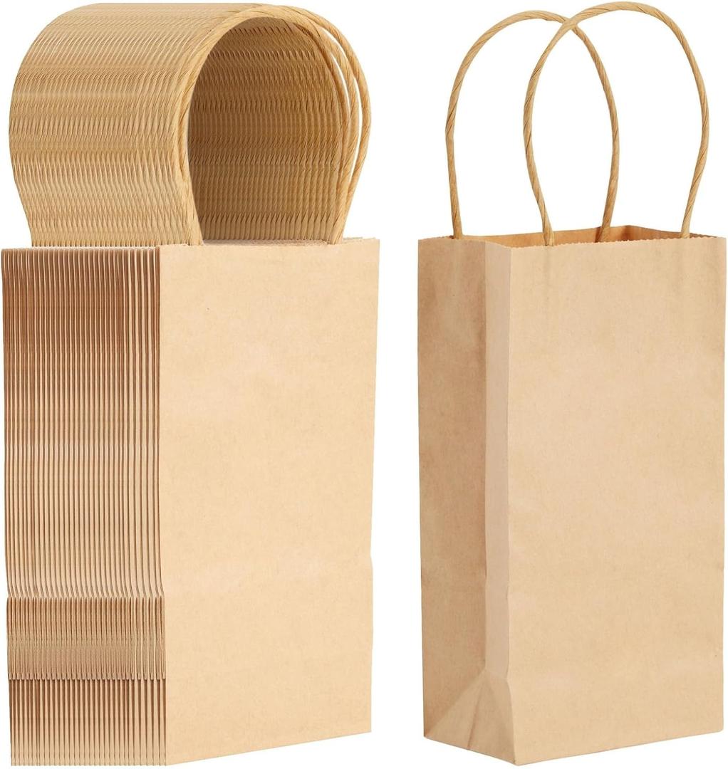 Juvale Mini Brown Gift Bags with Handles - 50-Pack, 3.5 x 2.4 x 7 in - Mini Paper Bags for Retail, Party Favors & Crafts