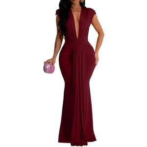 Memoriesea Women's Elegant Sleeveless Deep V Neck Bodycon Party Evening Gown Maxi Dress, Red, L
