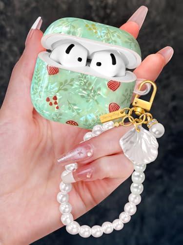 Coralogo for AirPods 4 Case with Pearl Keychain - Cute Women Glitter Shell Design Cover Girls Girly Pretty Stylish Kawaii Girlish Protective for Apple for AirPods 4 Case, Mushroom Leaves