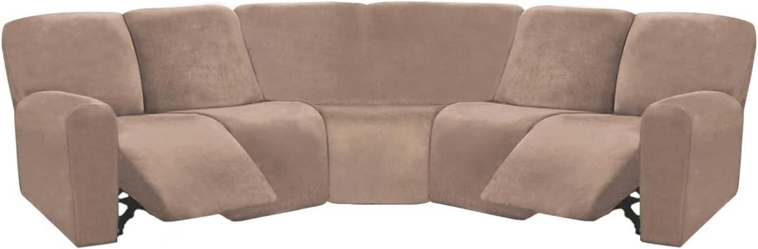ULTICOR 7-Piece L Shape Sectional Recliner Sofa Covers, Velvet Stretch Reclining Couch Covers, Thick, Soft, Washable (Taupe, 5 Seat Recliner Cover)