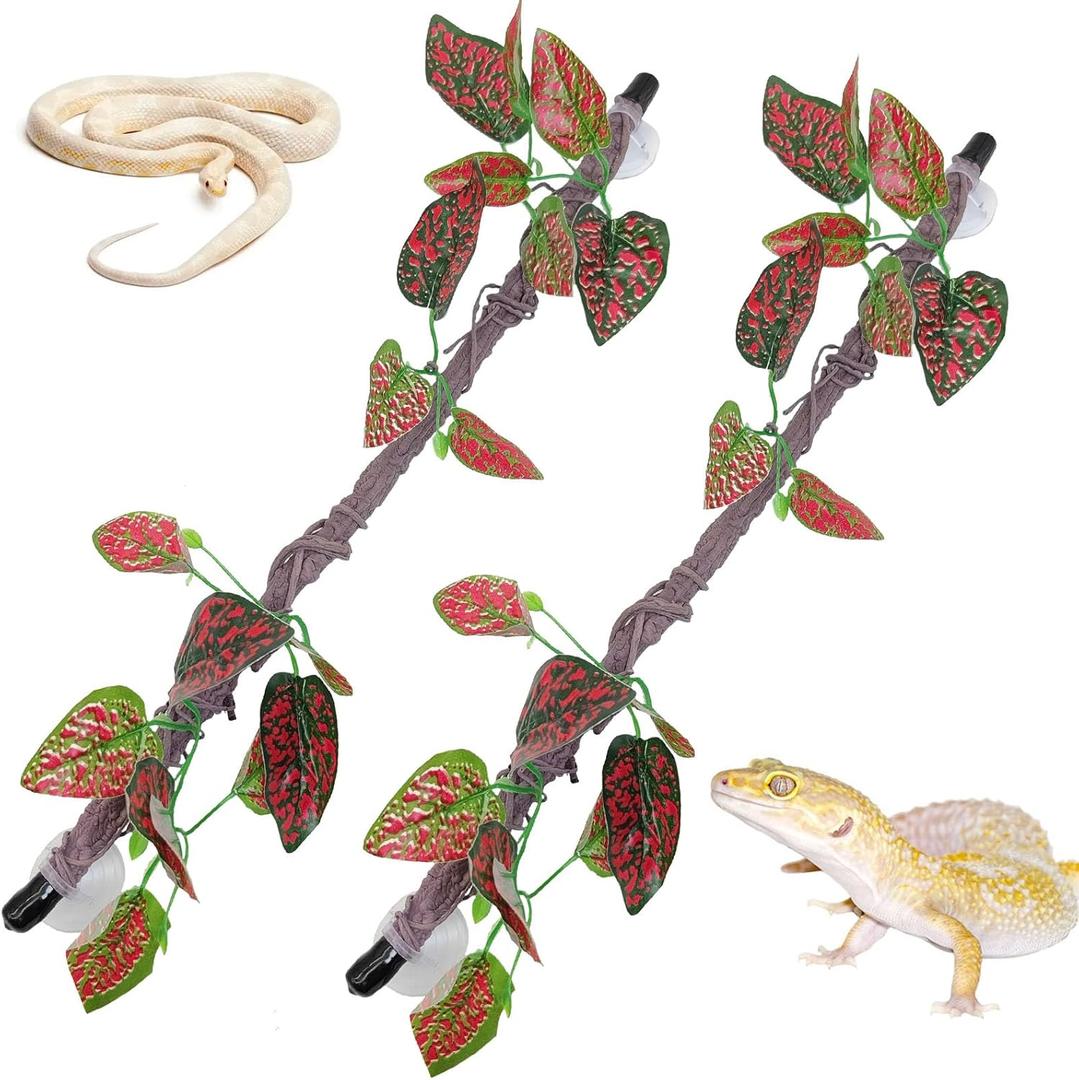 VCEPJH Reptile Climbing Branch Decor 2 Pcs Bendable Jungle Vine with Suction Cup Terrarium Plant Decoration for Gecko Bearded Dragons, Snake,Frogs, Chameleons Cage Accessories (I)