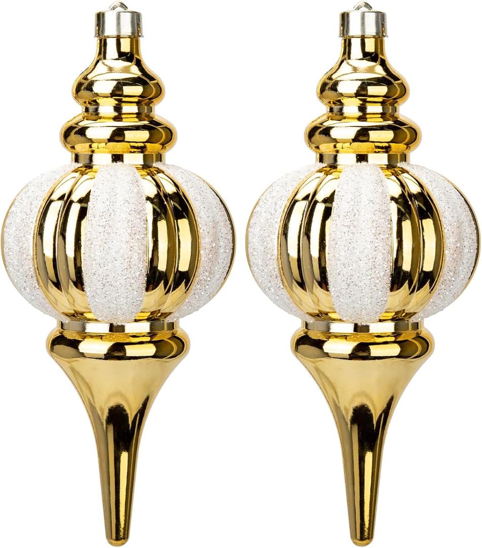 2 Pcs 10" Large Christmas Ball Ornaments - Shatterproof Finial Drop Decorations for Holiday Tree - Gold & White Big Hanging Balls