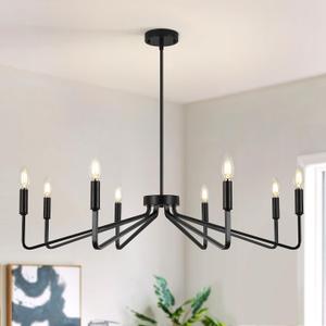 8-Light Black Farmhouse Chandelier,Dining Room Light Fixtures Over Table,Brushed Candle Lighting for Kitchen Island Living Room Bedroom Foyer Entryway,36.6in,E12.