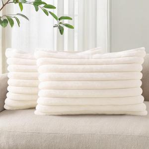 Pallene Faux Fur Plush Lumbar Spring Throw Pillow Covers 12x20 Set of 2, Luxury Soft Fluffy Striped Decorative Pillow Covers for Sofa, Couch, Living Room, Cream White