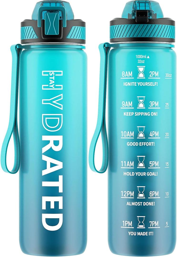 Water Bottle with Straw, 32oz Motivational Water Bottles with Time Marker to Drink, Tritan BPA Free, 1L Sports Water Bottle with Carry Strap LeakProof for Women Gym Fitness Outdoor (1 Pack) (Blue Sea)