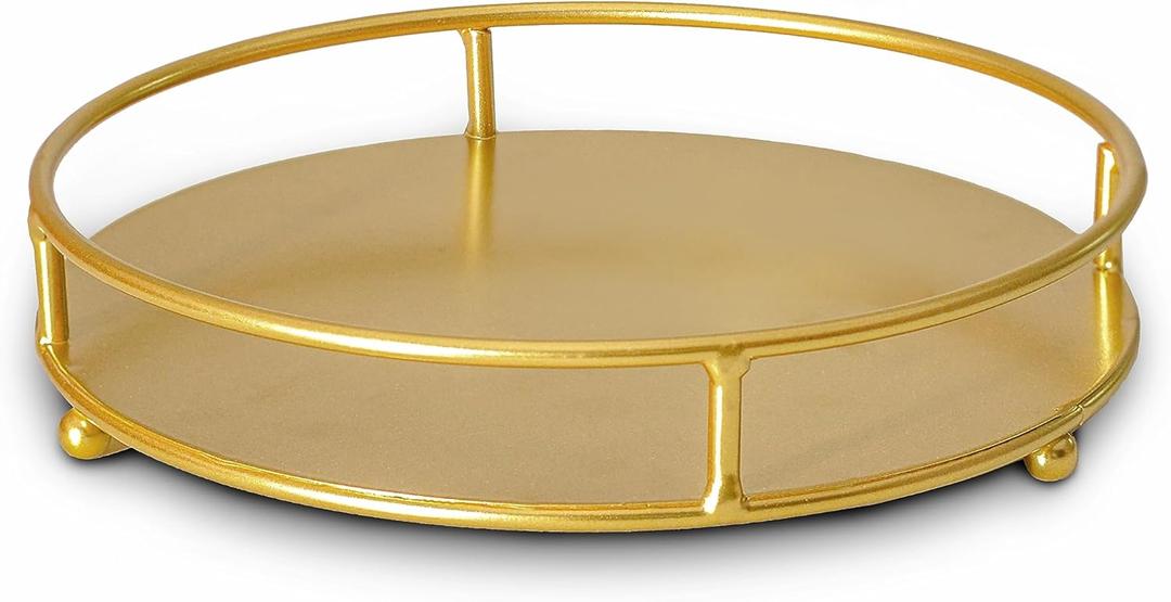 Jewelry Tray Perfume Display Organizer Bathroom Storage Vanity Tray Tabletop Display for Cosmetic, Candle, Jewelries, 8" Round Gold, Small