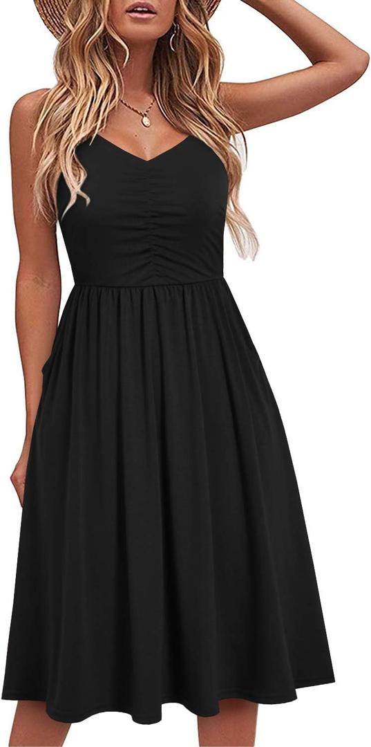 YATHON Casual Dresses for Women Sleeveless Cotton Summer Beach Dress A Line Spaghetti Strap Sundresses with Pockets, L