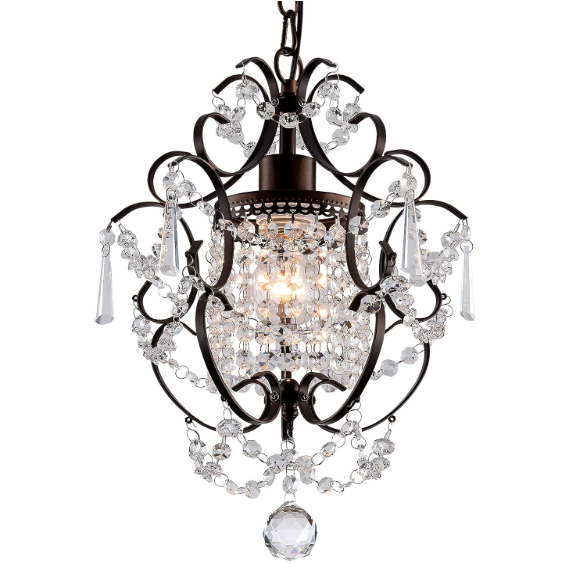 FLSFU Modern Mini Crystal Chandelier,Iron Bronze Crystal Light Fixtures Ceiling Mount 1 Light Small Chandeliers for Bedroom Elegant Hanging Lighting for Girls Room Dining Room Closet Kitchen Island
