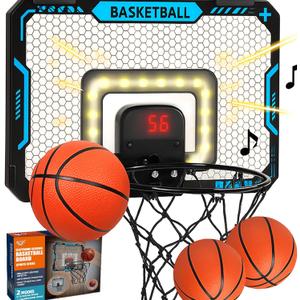 BATURU Basketball Hoop Indoor for Kids with LED Scoreboard  Over The Door Mini Basketball Hoop with Lights, Sound & 2 Game Modes  Includes 3 Balls, Pumps & Tools  Great Gifts for Boys Ages 5-12 (Blue)