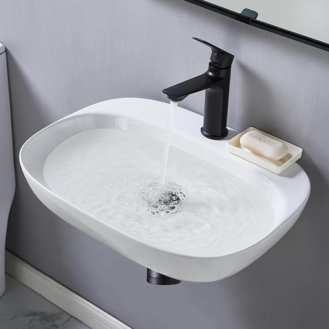 Modern Small Wall Mounted Bathroom Sink, 20.5x15 Inch White Oval Hanging Bathroom Vessel Sink, Arc-edge Ceramic Corner Wall Mount Sinks for Bath Shower Room Rvs