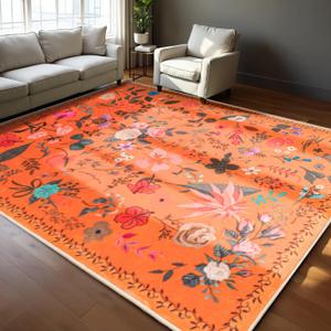 Rugs for Living Room, Floral 6x9 Non Slip Machine Washable Large Living Room Rug, 0.27 Low Pile & Non-Shedding Boho Large Area Rug for for Livingroom, Bedroom, Dining Room (Orange)