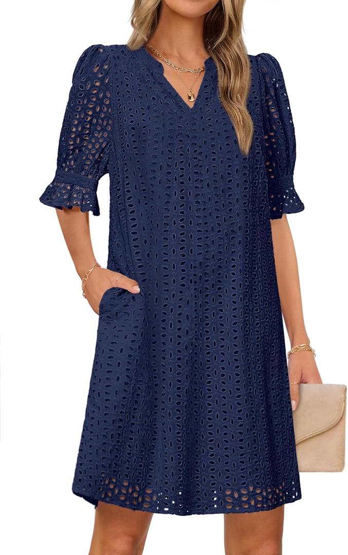 MEROKEETY Women's 2025 Summer Short Sleeve Mini Dress V Neck Ruffle Hollow Out Eyelet Lace Dresses, Navy, Large
