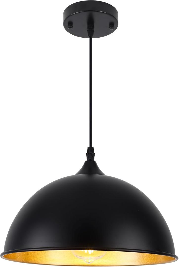 Black Pendant Light, Farmhouse Pendant with Golden Interior Paint, 11.8 Inch Dome for Kitchen, Dining Room, Bar, Foyer, Hallway