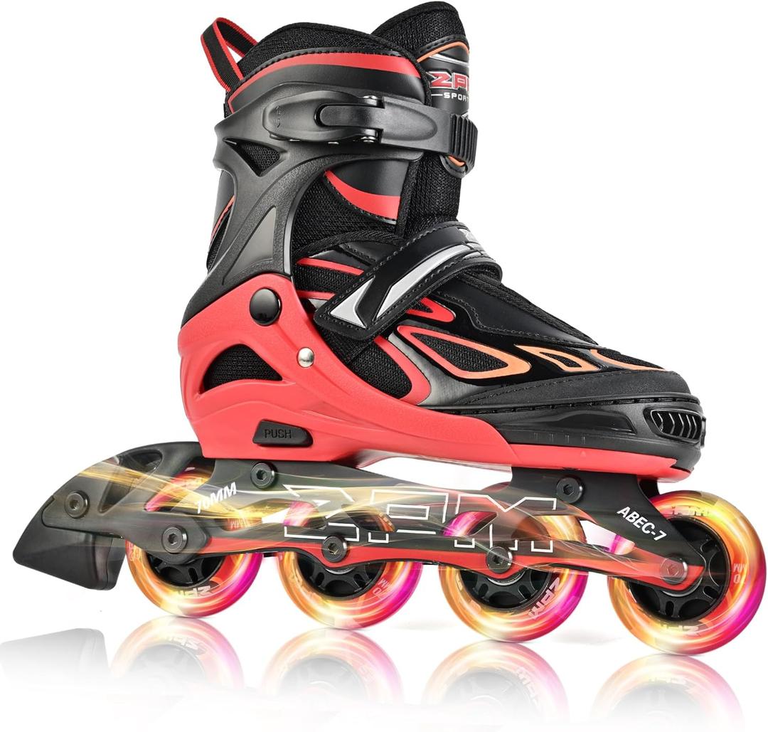 2PM SPORTS Vinal Girls Adjustable Flashing Inline Skates, All Wheels Light Up, Fun Illuminating Skates for Kids Men Adult Women and Boys (X-Large - Adult (9.5W-12W/8.5M-10.5M), Red)