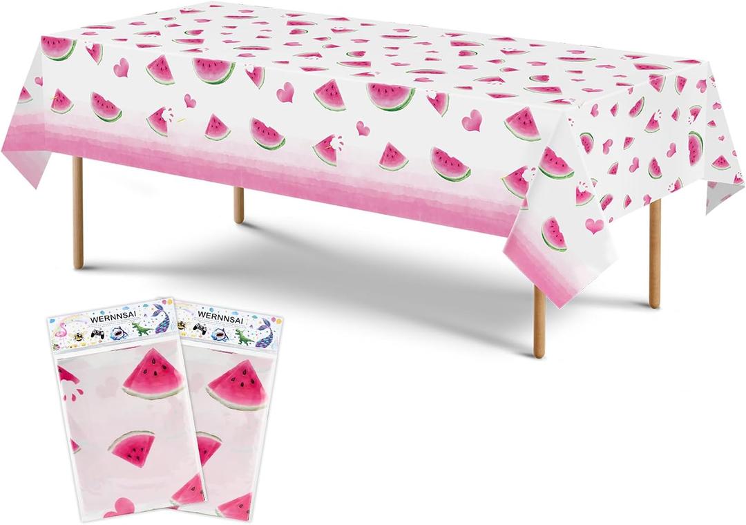 WERNNSAI Watermelon Party Tablecloth - 2 Pack 54" x 108" Rose Red Watermelon Party Supplies for Girls Birthday Baby Shower Wedding Watermelon Heart Pattern Disposable Plastic Table Cover
