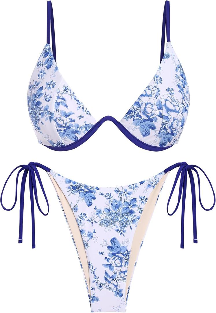 ZAFUL Women's Bikini Sets Ribbed Two Piece Swimsuits Underwire Adjustable Back Clasp Bathing Suit Side Tie Thong Swimwear (Blue Floral) S 