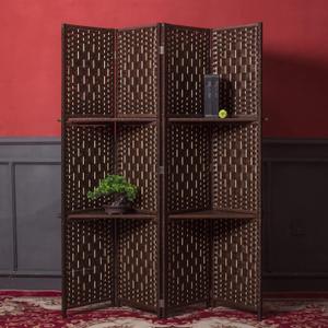 4 Panel Room Divider and Folding Screen Divider with Shelves, Panel Divider Screen with Removable Storage Shelves, Dark Brown,67" H x 51.2" W