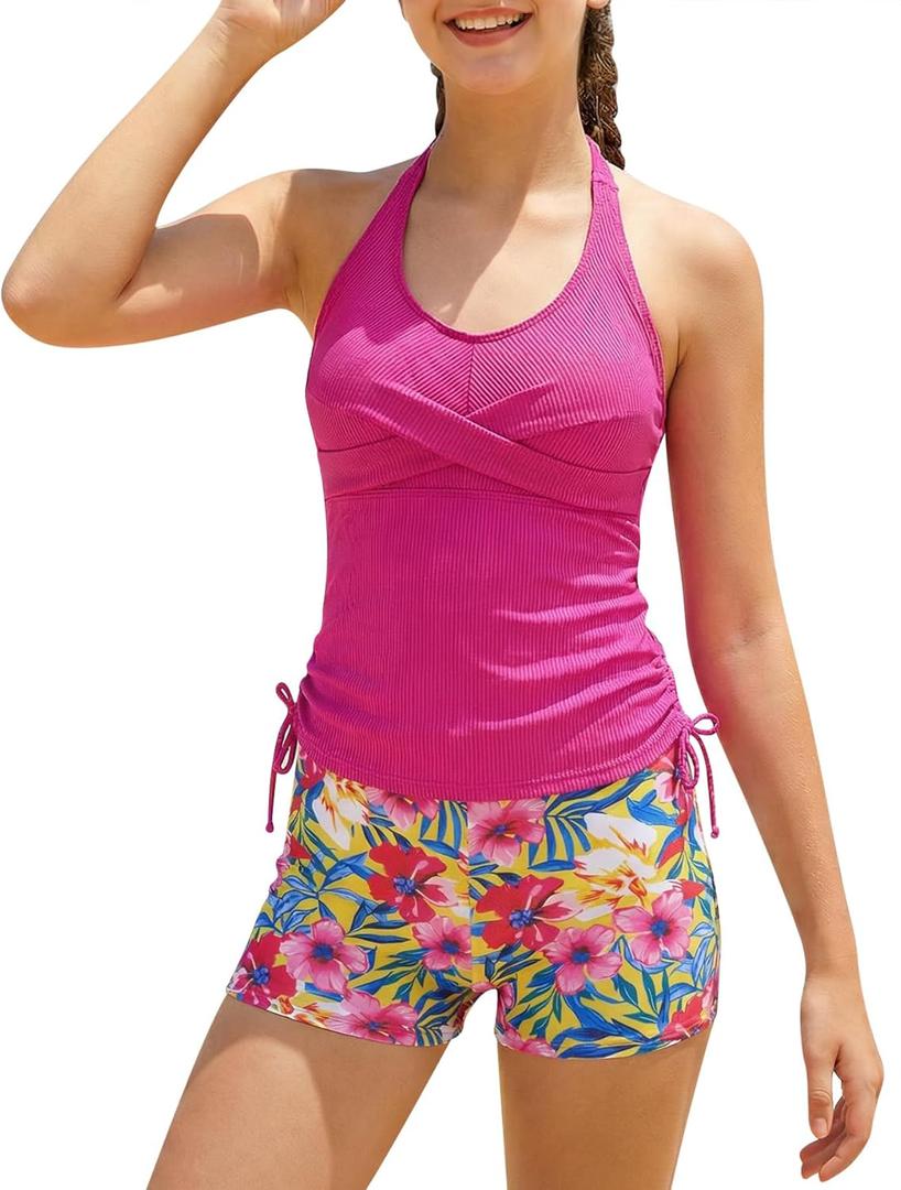 Girls Bathing Suits for Teens Size 12 14 V Neck Halterneck Swimsuit with Padded Juniors Summer Beach y2k Rose Red Flower Tankini Swim Set 12-14 Year Big Girl Hawaii Beach Drawstring Shorts Swimwear