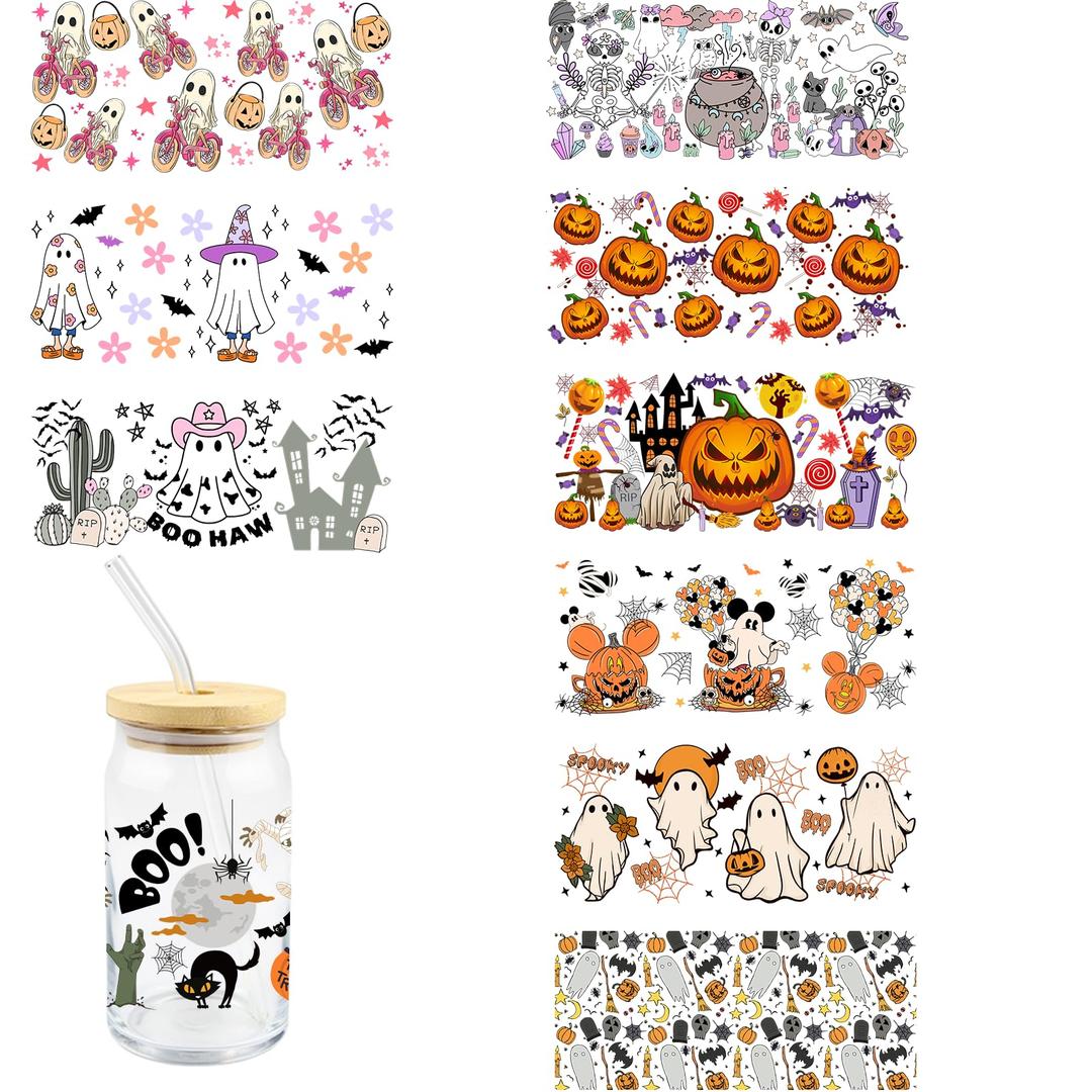 10 Sheets Halloween UV DTF Transfer Cup Wraps for Glass Cups Walls UVDTF Cup Wraps Pumpkin Ghost for 16 OZ Cups DIY Crafts Decoration Applique for Furniture