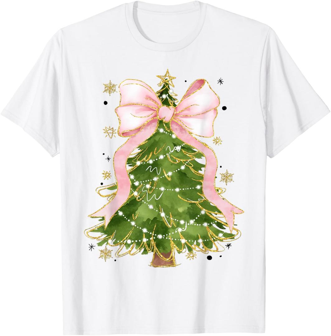 Coquette Bow Christmas Tree Xmas Holiday Girly Outfit Women T-Shirt, Size 3XL