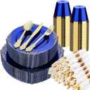Bestluck 350 PCS Blue and Gold Plastic Plates, Disposable Dinnerware Set for 50 Guests, 100 Disposable Plates, 150 Silverwares, 50 Cups, 50 Napkins for Wedding, Party, Graduation