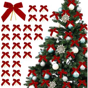 24 Pcs Velvet Bows for Christmas Tree, 3.54 * 3.54 inch Red Vintage Christmas Bows with Gold Twist Ties, Velvet Ribbon Bows Ornaments for Holiday Door Gifts Garland Decor