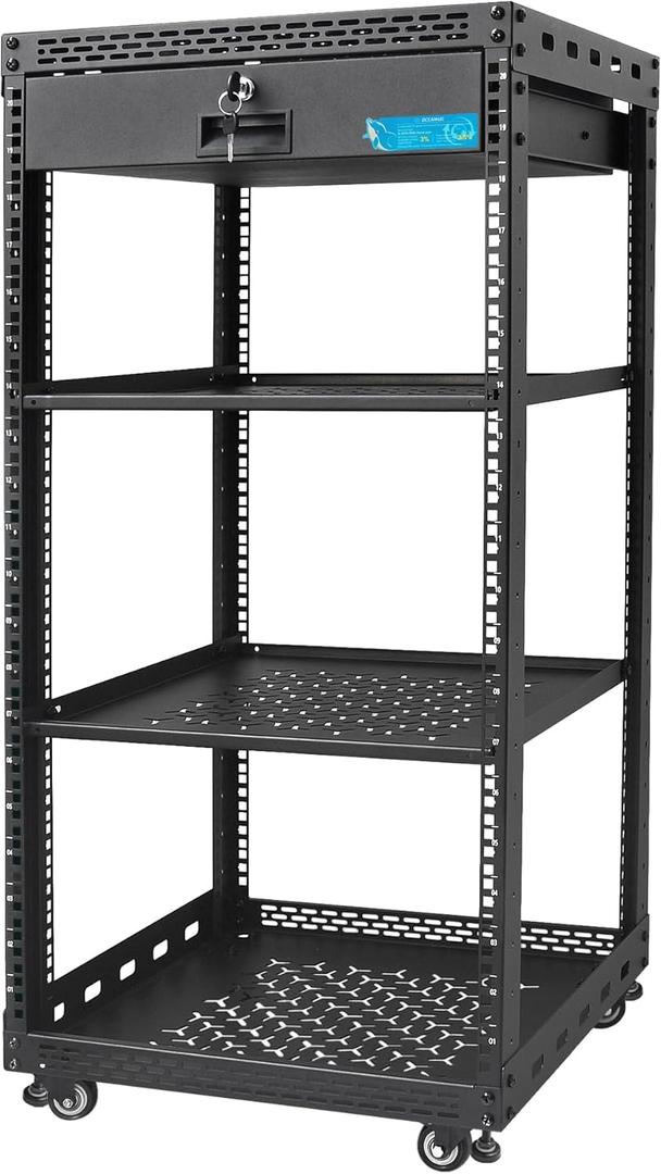 20U Server Rack Cabinet with Drawer & 2 PCS Full Size Rack Shelves - Integrated Top/Bottom Panels, 4 Rolling Wheels for 19" Equipment & Home Lab Studio