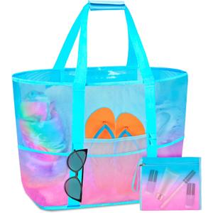 Mesh Beach Bag - Large Beach Tote Bag Women Pool Bags with Zipper 10 Pockets Foldable Beach Toy Bag for Towel, Flip Flops (Pink+blue)