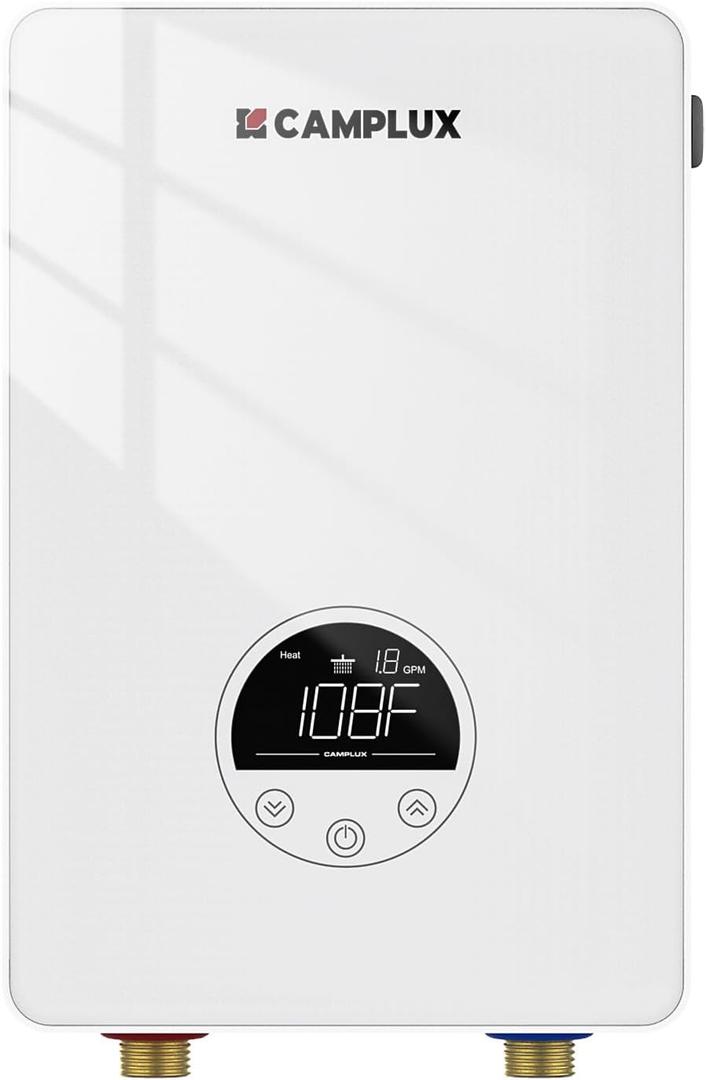 CAMPLUX Tankless Water Heater Electric 6kW at 240 Volts, Point of Use Instant Hot Water Heater CSA Approved with Temperature Display, Under Sink Self Modulating Technology, White