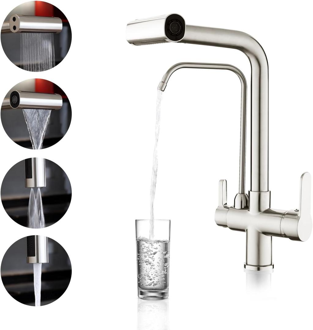 QAOYEDE Kitchen Faucet with Drinking Water Faucet, Pull Down 4 Functions Sprayer 2 Handle 3 in 1 Filter Purifier Faucets, Waterfall Kitchen Sink Faucet with Drinking Water Tap Brushed Nickel QAOYEDE Kitchen Faucet with Drinking Water Faucet, Pull Down 4 Functions Sprayer 2 Handle 3 in 1 Filter Purifier Faucets, Waterfall Kitchen Sink Faucet with Drinking Water Tap Brushed Nickel