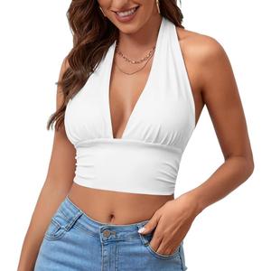 Rooscier Women's Halter Tie Back Crop Top Deep V Neck Sleeveless Backless Cami, Small