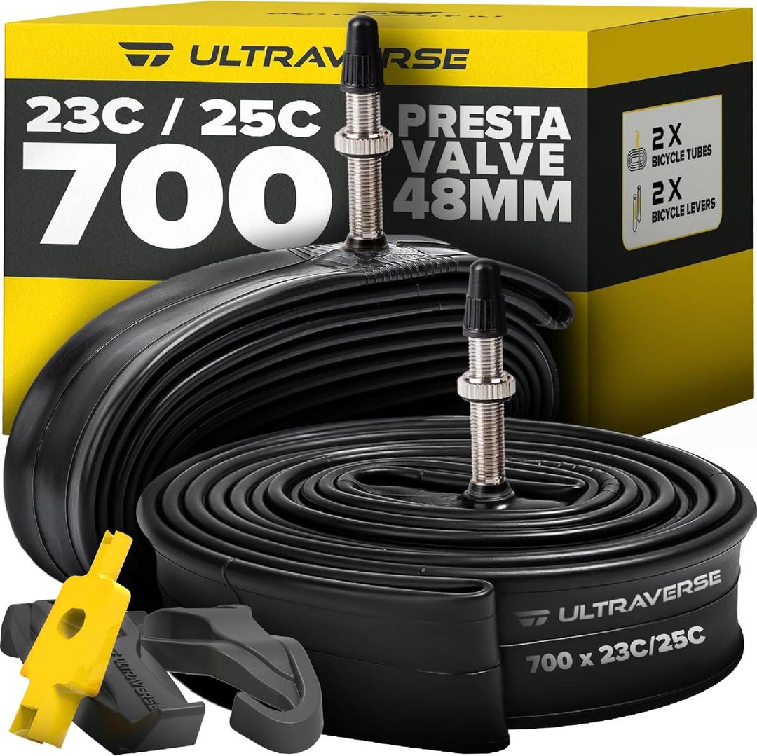 Ultraverse Bike Inner Tube for 700x23-25c, 700x28-32c, 700x35-43c 28 inch Bicycle Wheel Sizes with 48mm Presta Valve - Butyl Rubber Tubes for Road and Gravel Bikes - 2 Tubes, 2 tire levers Included