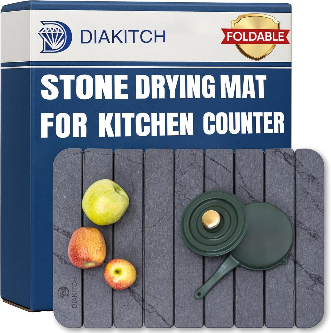 Stone Drying Mat for Kitchen Counter  Super Absorbent Stone Dish Drying Mat, Foldable & Quick Dry, Diatomaceous Earth Mat for Dish & Bottle, Ideal for Kitchen - 23.6" x 15.4", Dark Grey