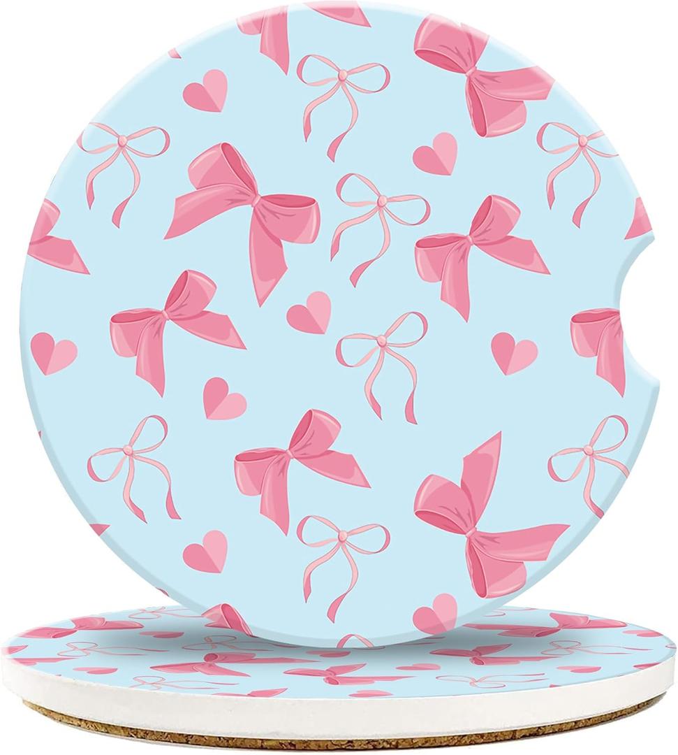 Car Coasters for Cup Holders, Pink Bows with Hearts Absorbent Ceramic Car Coaster with Finger Notch & Cork Base,Car Interior Accessories for Women Men 2.56"(2 Pack) (Color8)