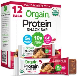 Orgain Organic Vegan Protein Bars, Peanut Butter Chocolate Chunk - 10g Plant Based Protein, Low Calorie Healthy Snacks, No Lactose or Soy Ingredients, Gluten Free, Non-GMO - 1.41 Oz (Pack of 12)