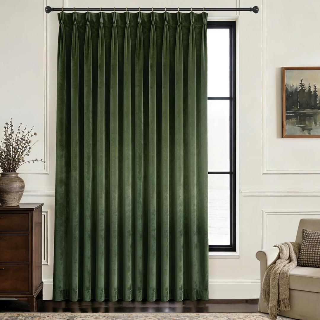 Olive Green Luxury Velvet Curtains Extra Wide Thermal Insulated Blackout Pinch Pleat Curtains 96 Inches Long Room Darkening Drapes with Hooks for Living Room Bedroom Set of 1 Panels 80 x 96
