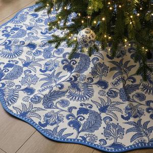 Soaoo 48 Inches Blue and White Christmas Tree Skirt Chinoiserie Floral Xmas Tree Skirt with Scalloped Edge Cotton Seasonal Holiday Decorations for Home Indoor Party Decor