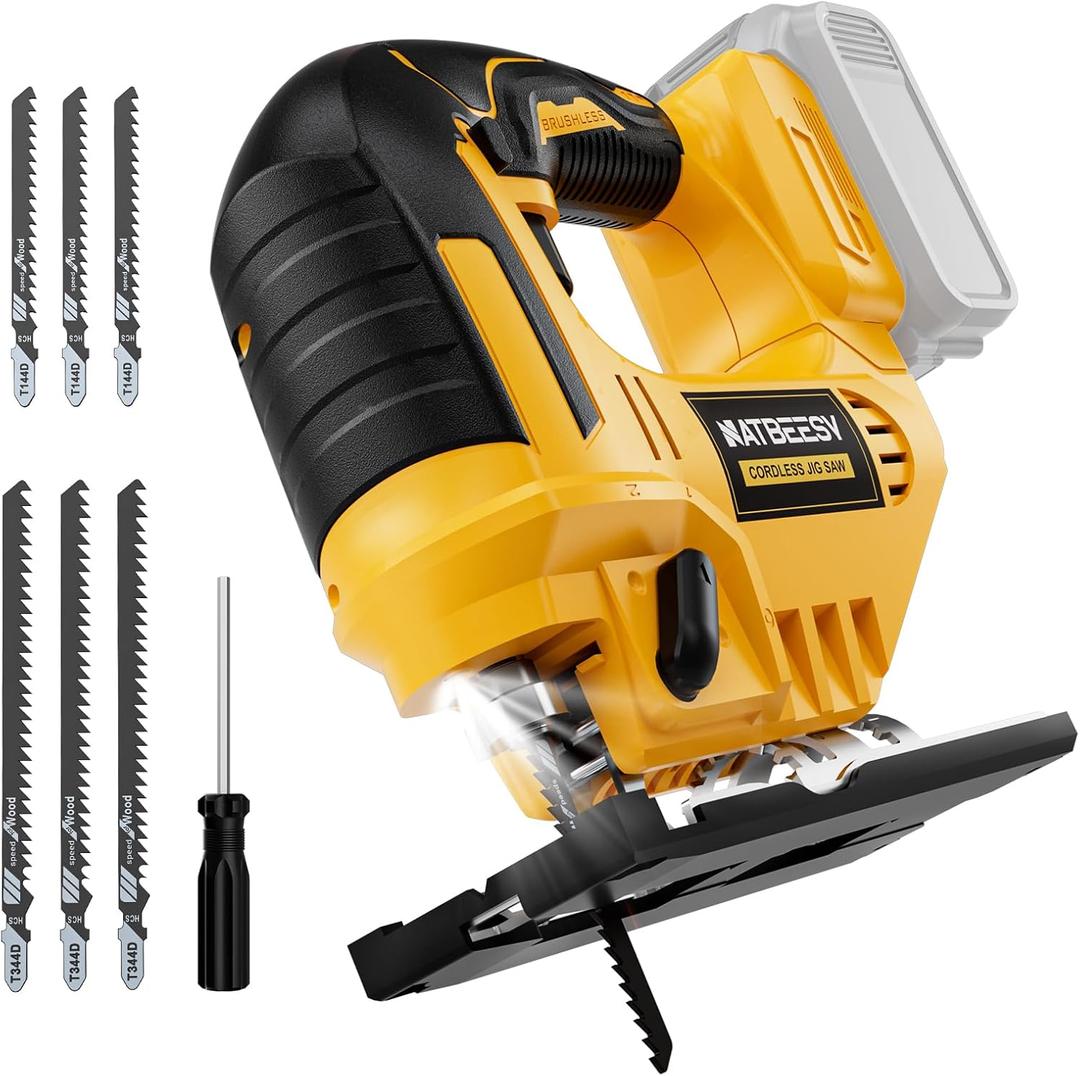 Jig Saw Compatible With Dewalt 20V Battery, NATBEESY Brushless Cordless jig saw tool, LED Work Light, 45 Beveled Cuts, Variable Speed 2900RPM, 3 Orbital Action, 6 Blades for Cutting (NOT Battery)