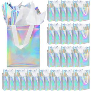 ZIFTY 32 Pcs Gift Bags with Handles Reusable Gift Bags Bulk with 64 Tissues Non-woven Goodie Bags Bags for Birthday, Wedding, Easter, Holiday Party Favors - 8W x 4L x 10H (Iridescent)