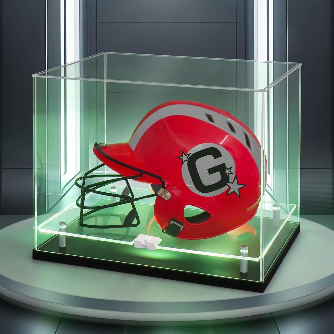 Football Helmet Display Case with LED Light, Clear Full Size Helmet Display Acrylic Double Layer Helmet Display Stand for Autographed Helmet Display, Fans & Collectors, Sports Collectibles (Helmet case 15.7"x12"x12"inches)