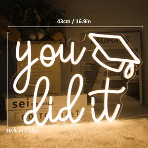 Congrats Grad Neon Sign You Did It LED Neon Light Sign Warm White Congrats Light up Sign Background Neon Signs for Wall Decor Celebrate Neon Lights for Class of 2026 Graduation Party Decor
