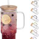 32oz Ribbed Glass Cup with Handle Bamboo Lid and Straw, Glass Tumbler, Iced Coffee Cups Hot/Cold Drinks