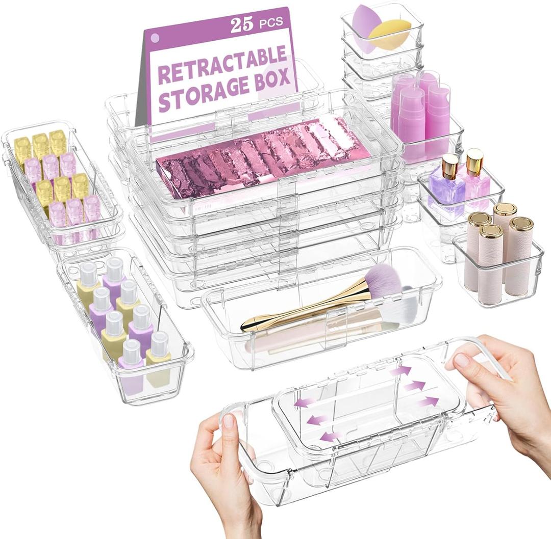 25 Pcs Clear Drawer Organizer, Adjustable Drawer Storage Box, 3-Size Desk Drawer Organizer, Acrylic Storage Bins for Makeup, Cosmetic, Kitchen Utensils, Bedroom Dressers Tool Organizer for Gadgets