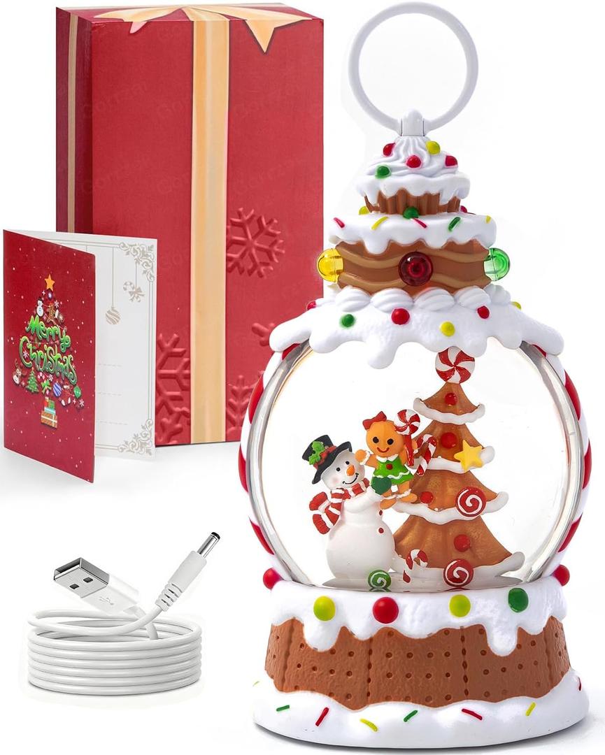 Gingerbread Snowman Christmas Tree Snow Globe - Lighted Gingerbread Snow Globe with Swirling Glitter and LED Lights, Hand Painted Christmas Decoration Playing 8 Holiday Songs, Xmas Gift for Adults