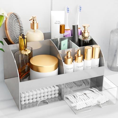 Makeup Organizer with Drawers, Cosmetic Storage for Dresser Vanity and Bathroom Countertop, Beauty Holder for Lipstick Brush, Skincare Organizer for Vanity, Cosmetic Display Case (Grey)