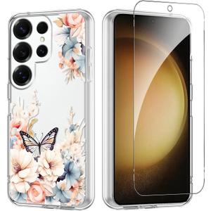 Flower Phone Case Floral for Samsung Galaxy S23 Ultra 5G 6.8'' with Screen Protector, Clear Transparent Phone Cover Slim Soft Shockproof Anti-Scratch Drop Protection Funda for Girls Women