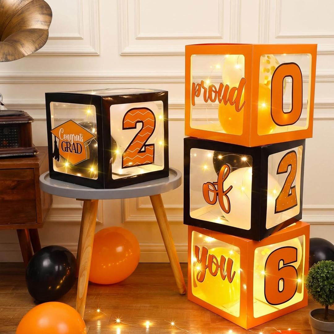 Jerify 44 PCS Graduation 2026 Box Decorations with Balloon & LED Light Strings - Congrats Grad Proud of You Balloon Boxes Party Supplies for Class of 2026 School College Decor(Orange)
