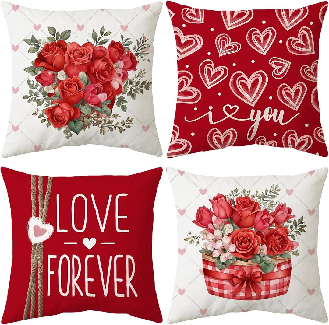 3 x Valentine's Day Throw Pillow Covers, 18 x 18 Inch Red Heart Mason Jars Roses Diamond Lattice Hello Valentine Love You More Decorative Pillowcases for Sofa Couch Set of 4