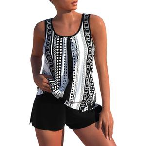 ROSEWE Modest Tankini Swimsuits for Women, Two Piece Athletic Womens Bathing Suits Blouson Tank Tops with Board Shorts (Large, Black Printed)